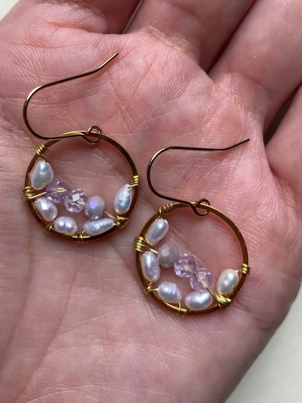 Handmade Hoop Earrings with Freshwater Pearl & Lavender Color Beads